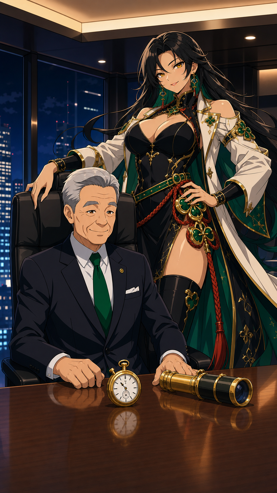 The adult Goddess of Fortune standing proudly behind older Man-bok in the boardroom